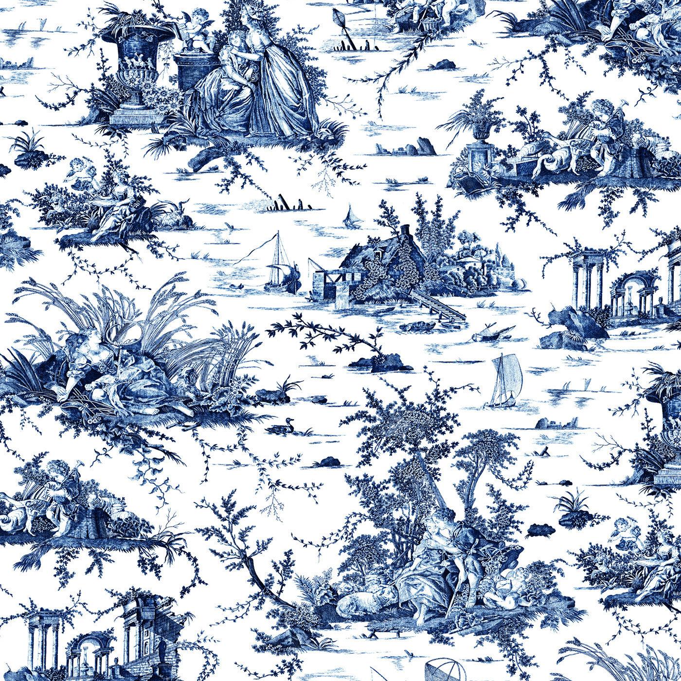 This classy pouf will be a superb addition to classic bedrooms or living rooms, its distinctive Toile de Jouy by Toile Society upholstery adorned with rural scenarios in blue and white, conferring a sense of peace and genuineness. Its cylindrical