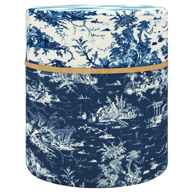 Blue Toile-de-Jouy Pouf For Sale at 1stDibs