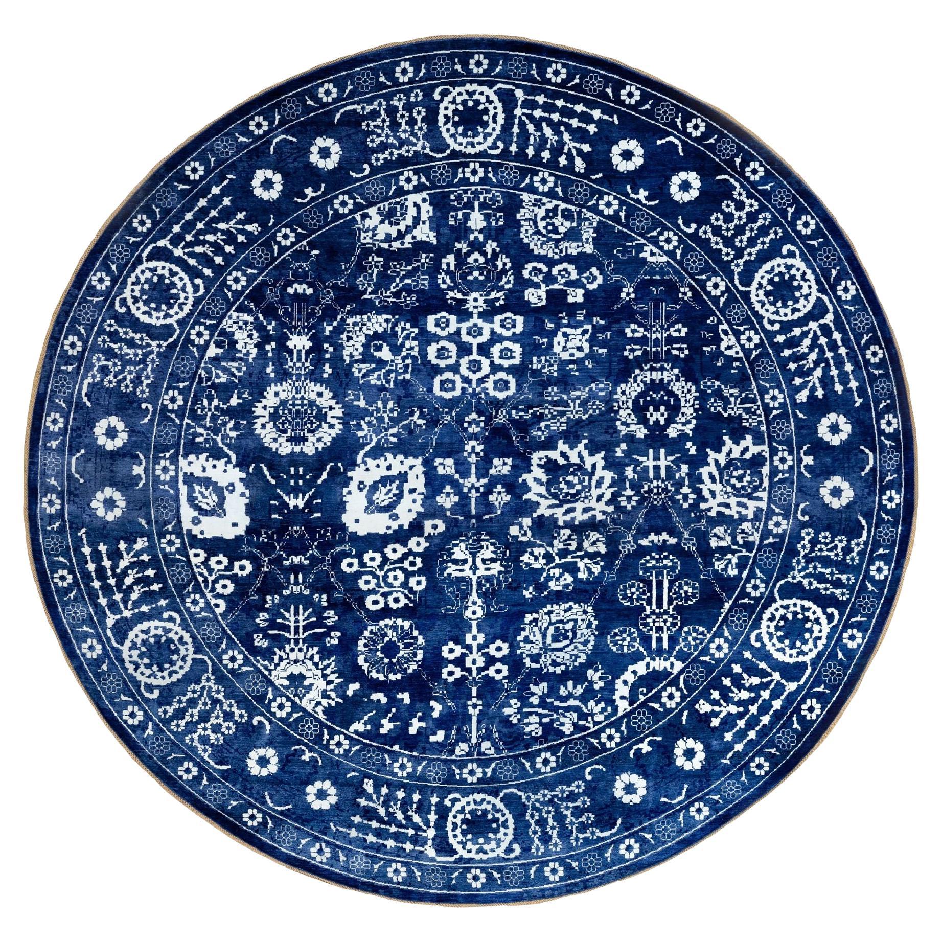 Blue Tone On Tone Tabriz Wool and Silk Hand Knotted Round Oriental Rug 14' x 14'