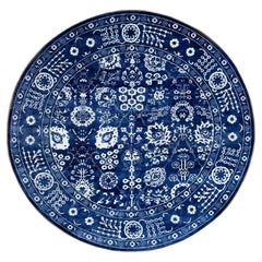 Azul Tono Sobre Tono Tabriz Lana y Seda Anudada a Mano Alfombra Oriental Redonda 14' x 14'