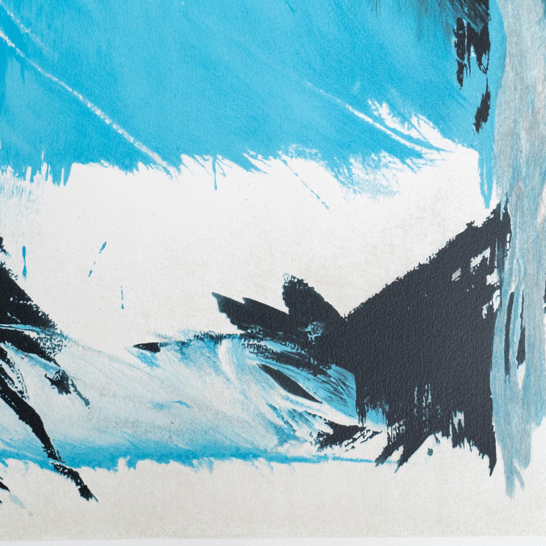 Abstrakte Lithographie in Blautönen, um 1990 im Angebot 3