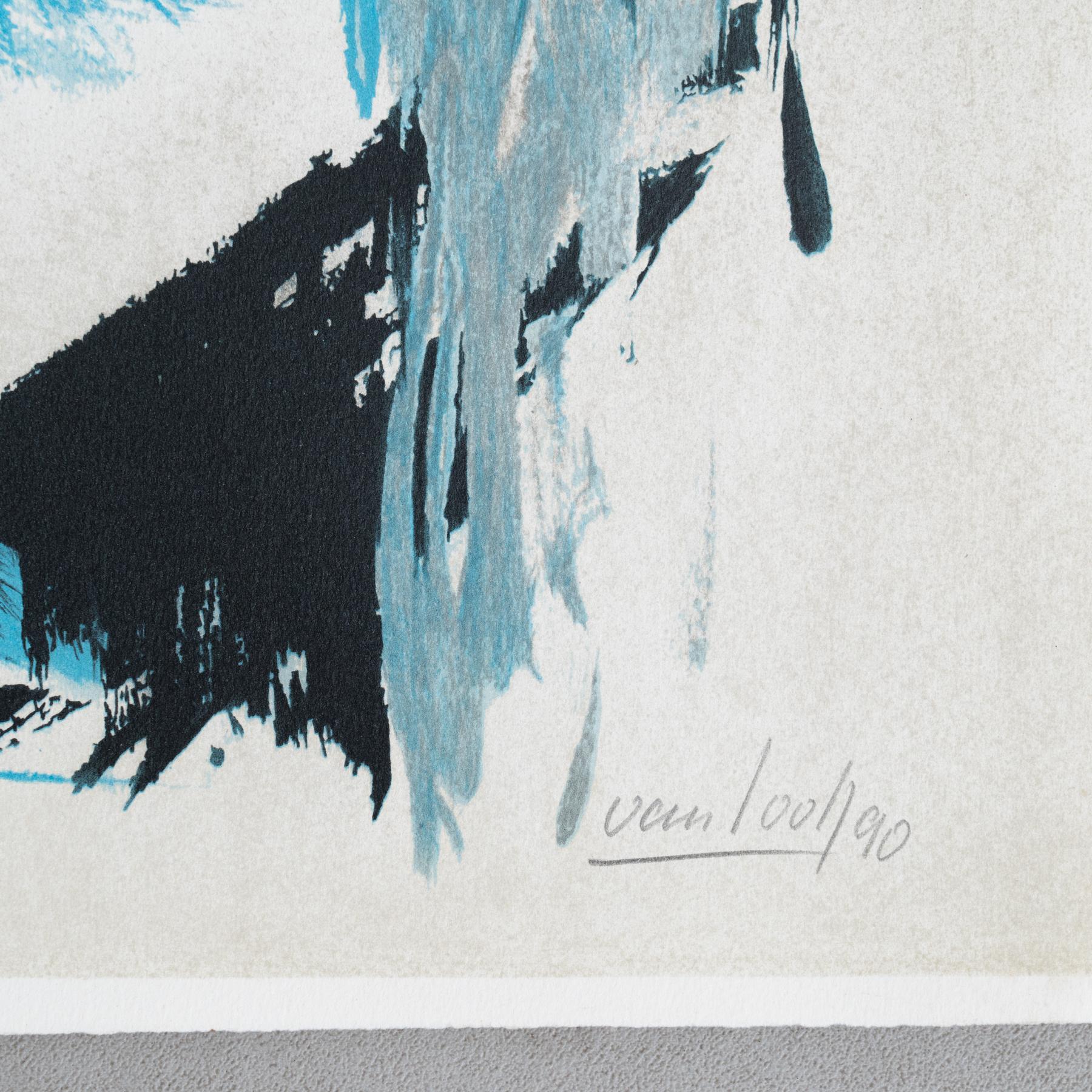 Abstrakte Lithographie in Blautönen, um 1990 (Moderne der Mitte des Jahrhunderts) im Angebot