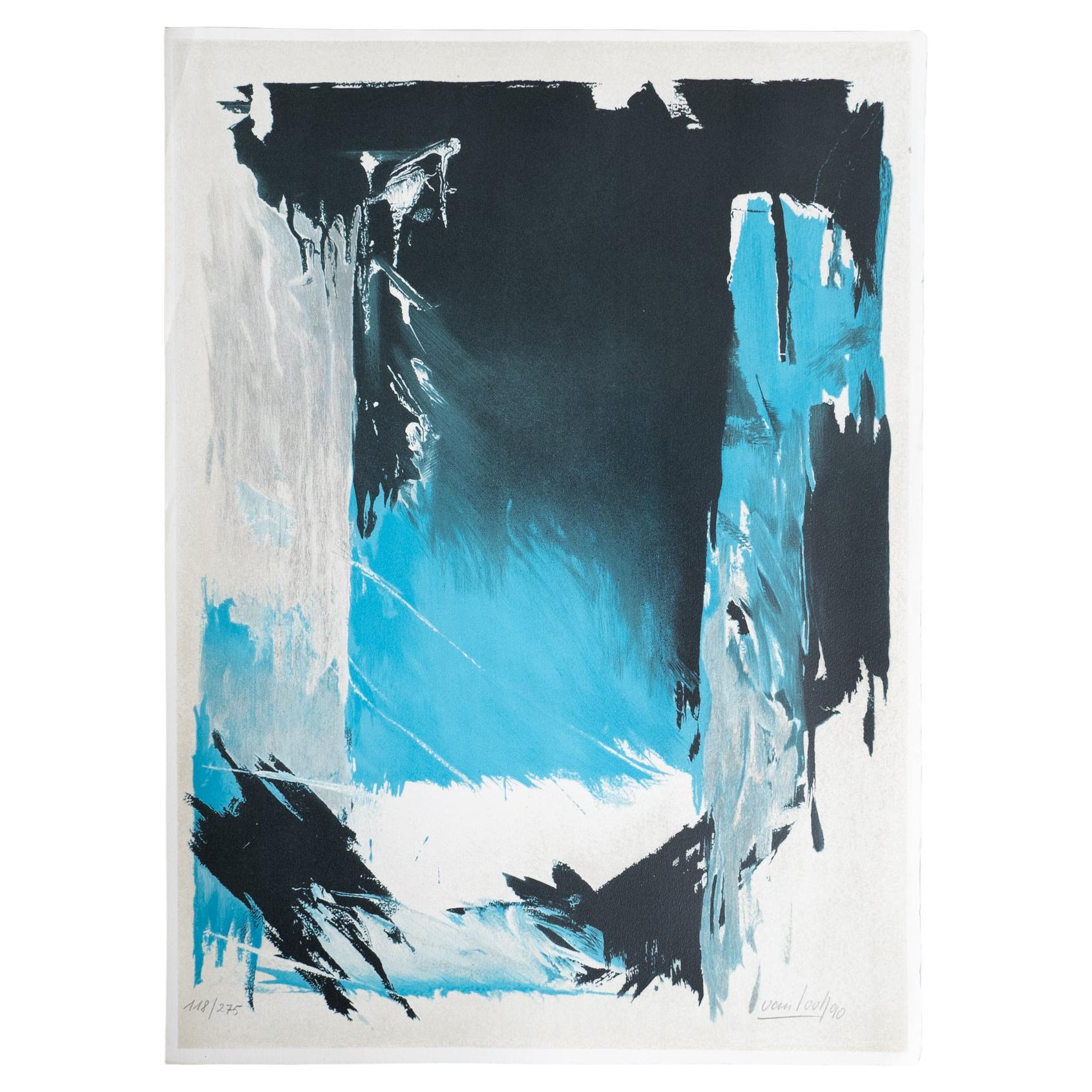 Blue-Toned Abstract Lithograph, circa 1990