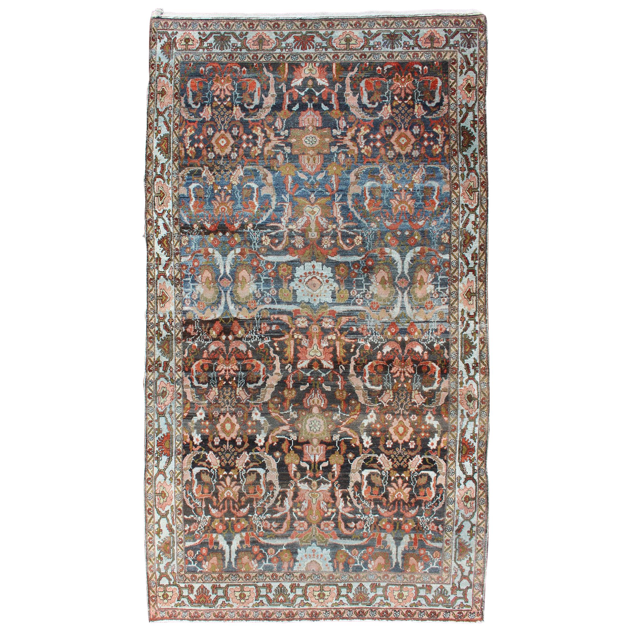 Antique Persian Hamedan Rug with All-Over Geometric Design in Blue, Brown Field  For Sale