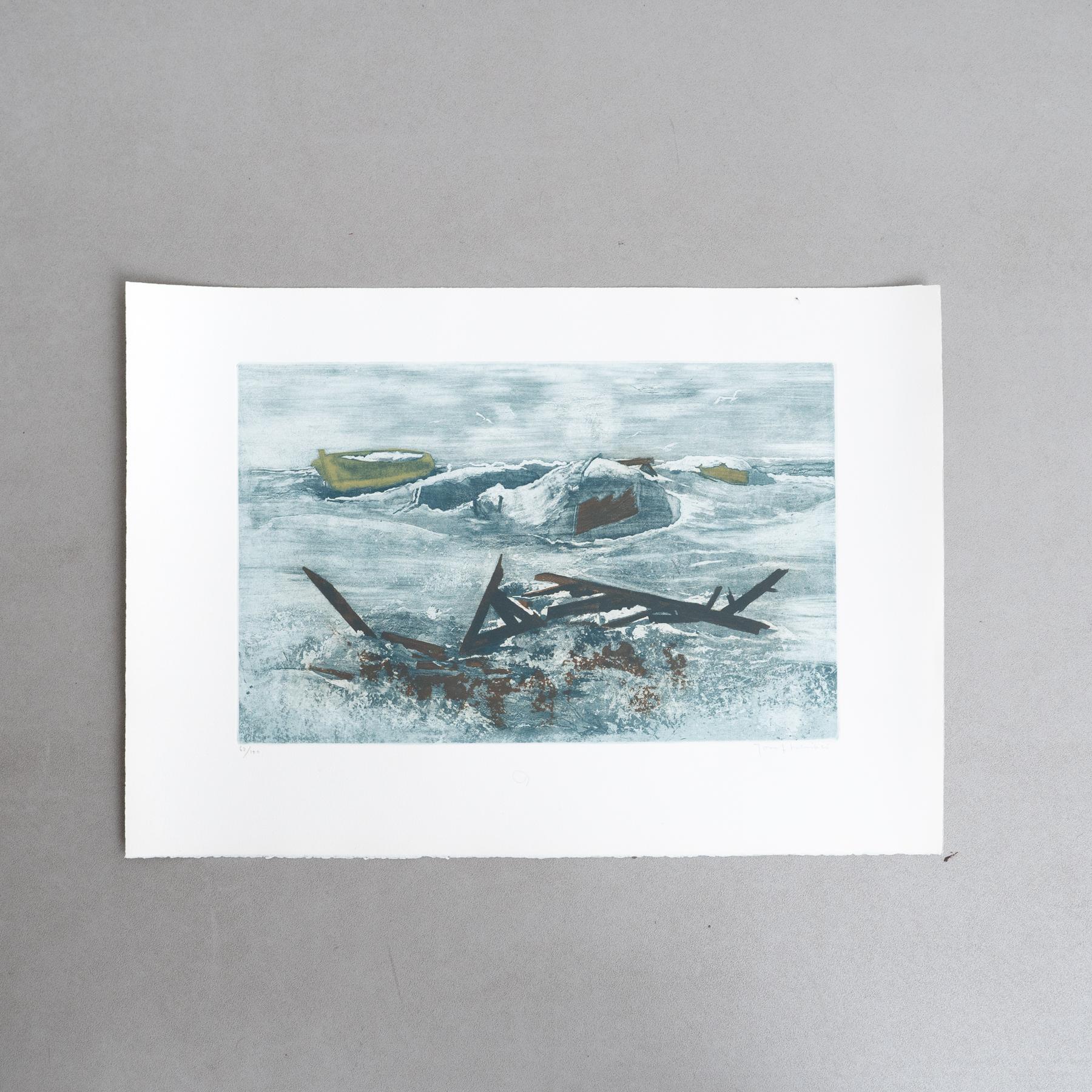 This stunning marina lithograph, created by an unknown artist, beautifully captures the essence of the sea in a captivating palette of blue tones. Signed and numbered, this piece is printed on high-quality, heavy-weight paper, emphasizing its