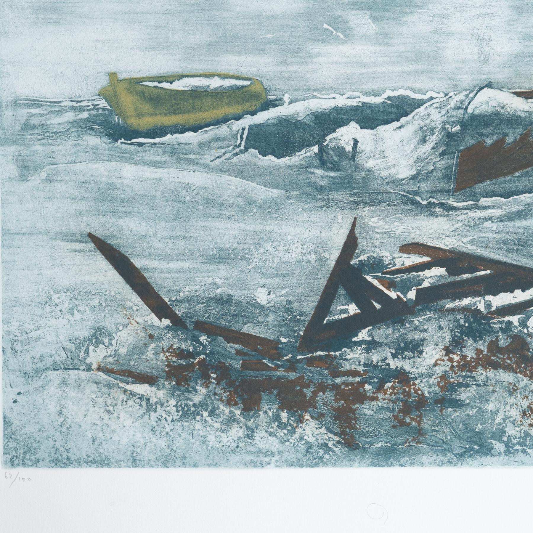 Spanish Blue-Toned Marina Lithograph – Unknown Artist For Sale