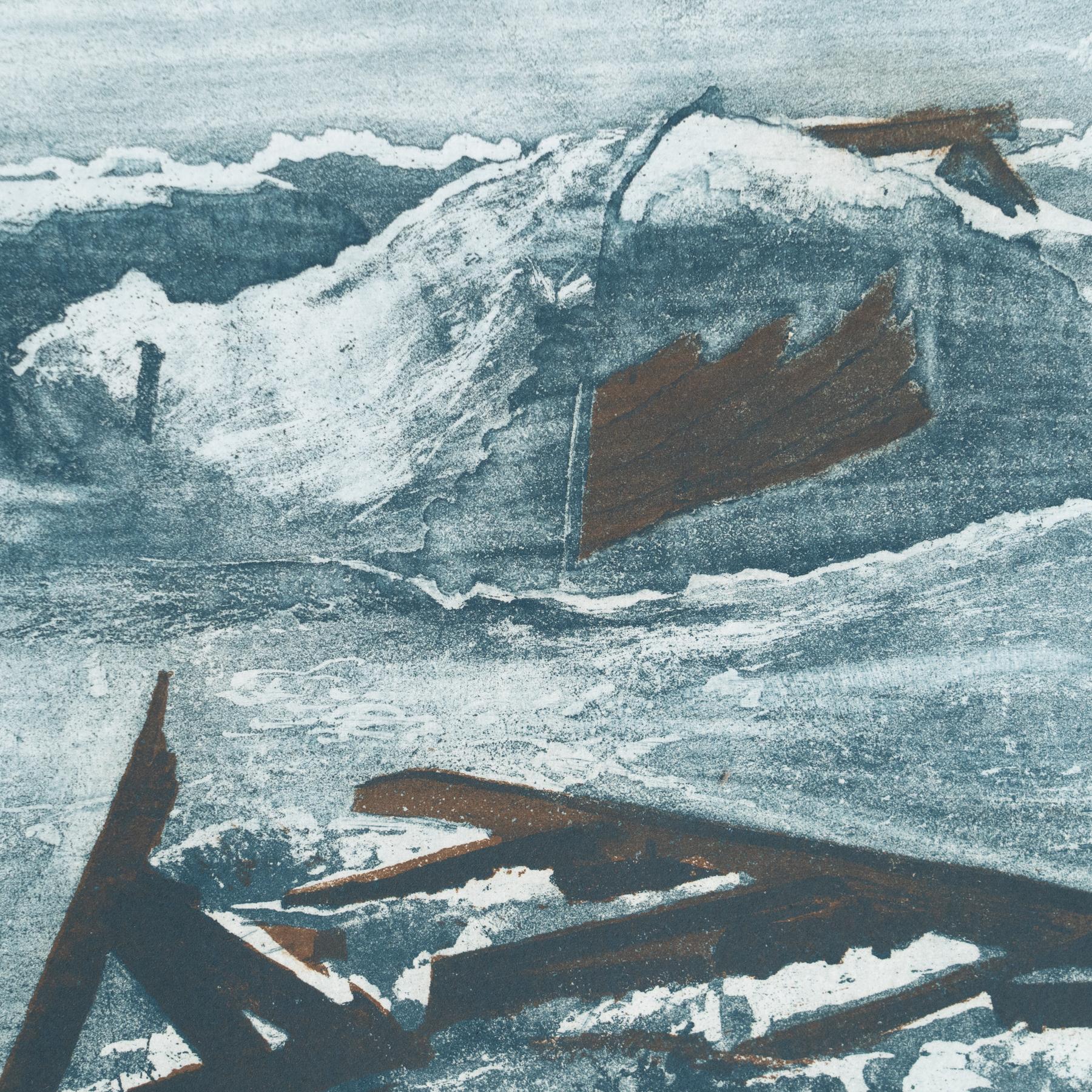 Late 20th Century Blue-Toned Marina Lithograph – Unknown Artist For Sale