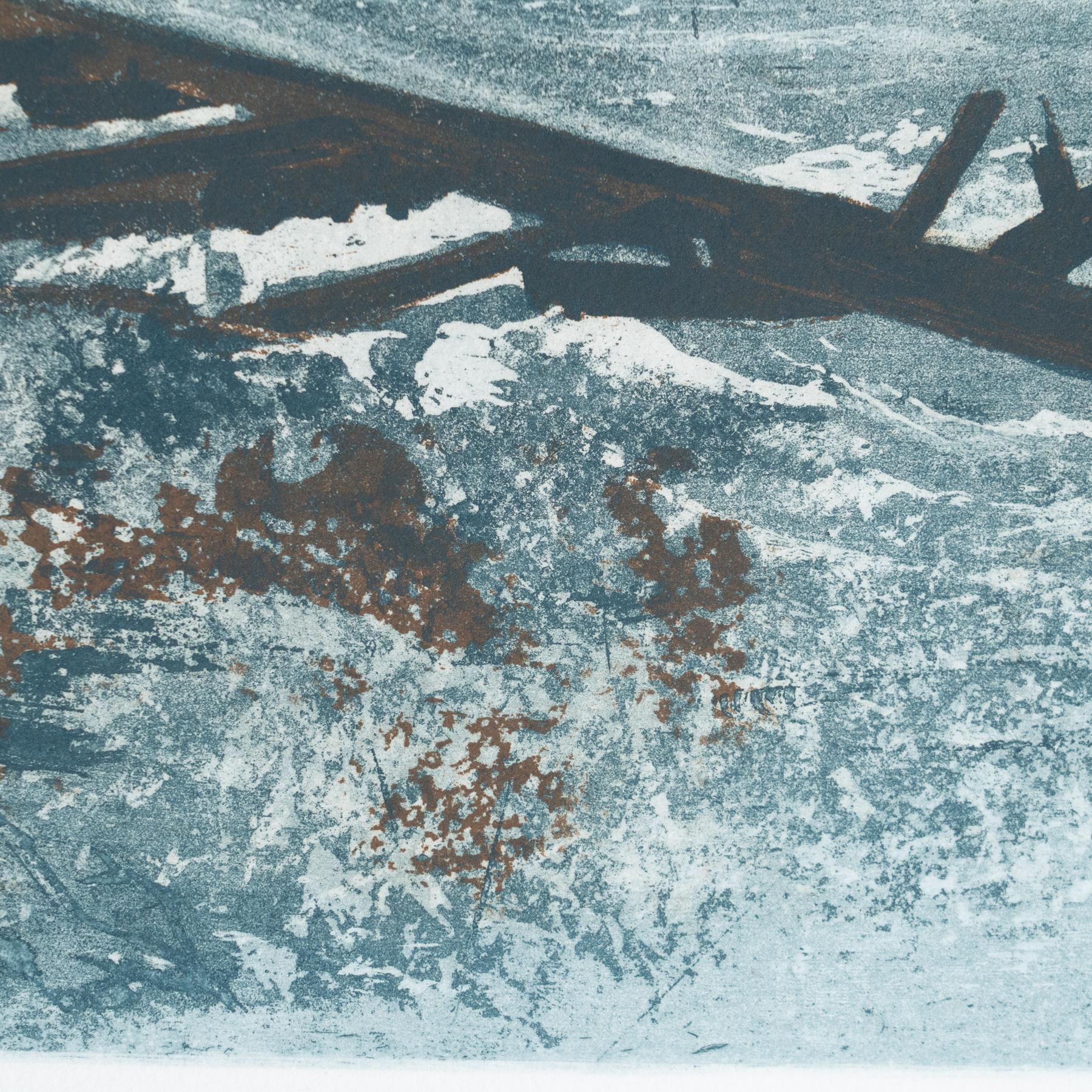 Paper Blue-Toned Marina Lithograph – Unknown Artist For Sale