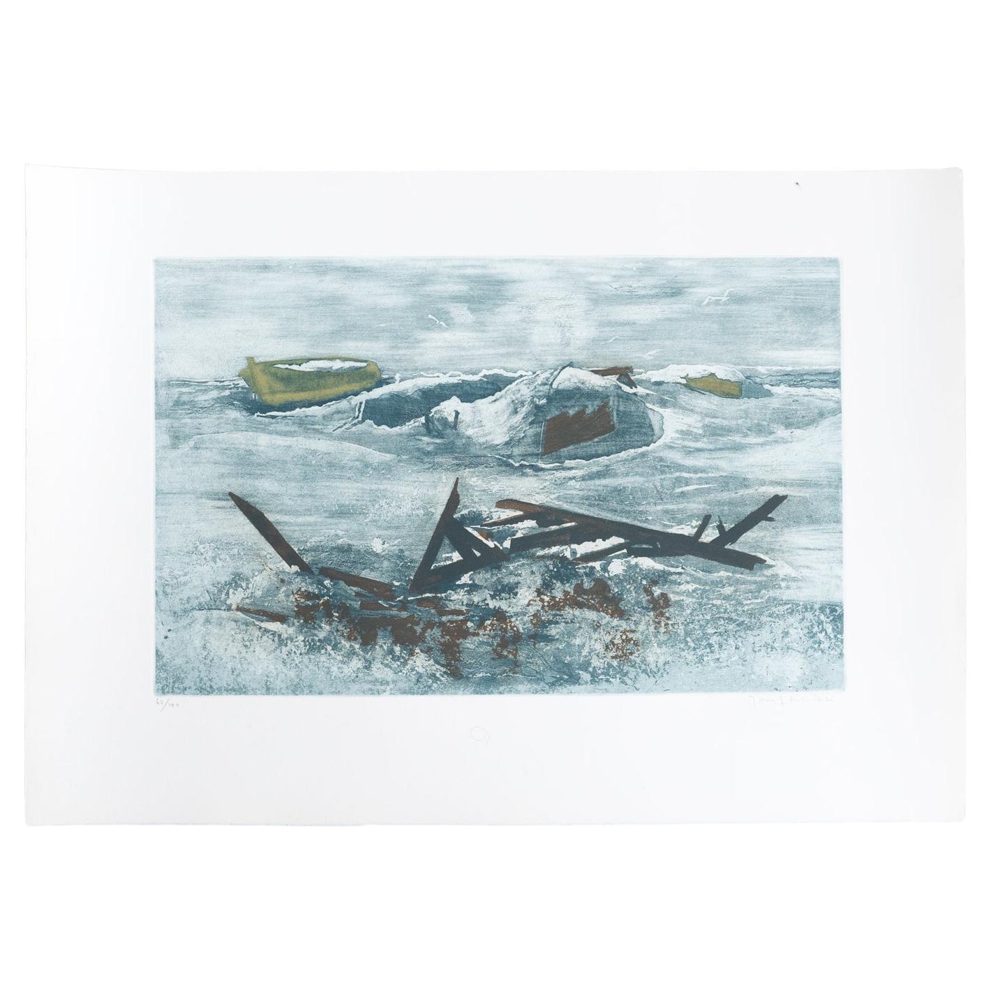Blue-Toned Marina Lithograph – Unknown Artist