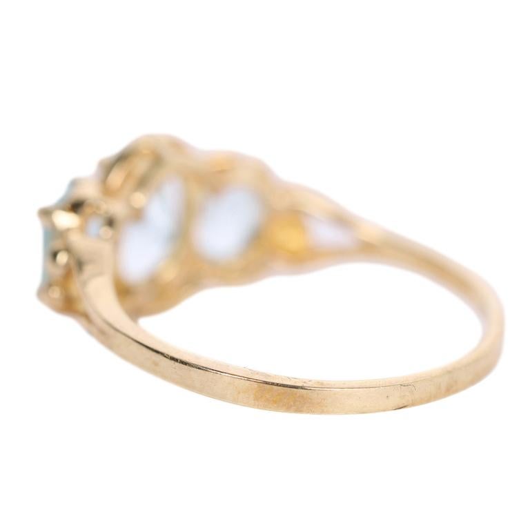 Three Oval Stone Blue Topaz Yellow Gold Ring Size 6.75  For Sale 1
