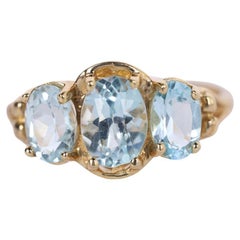 Three Oval Stone Blue Topaz Yellow Gold Ring Size 6.75 