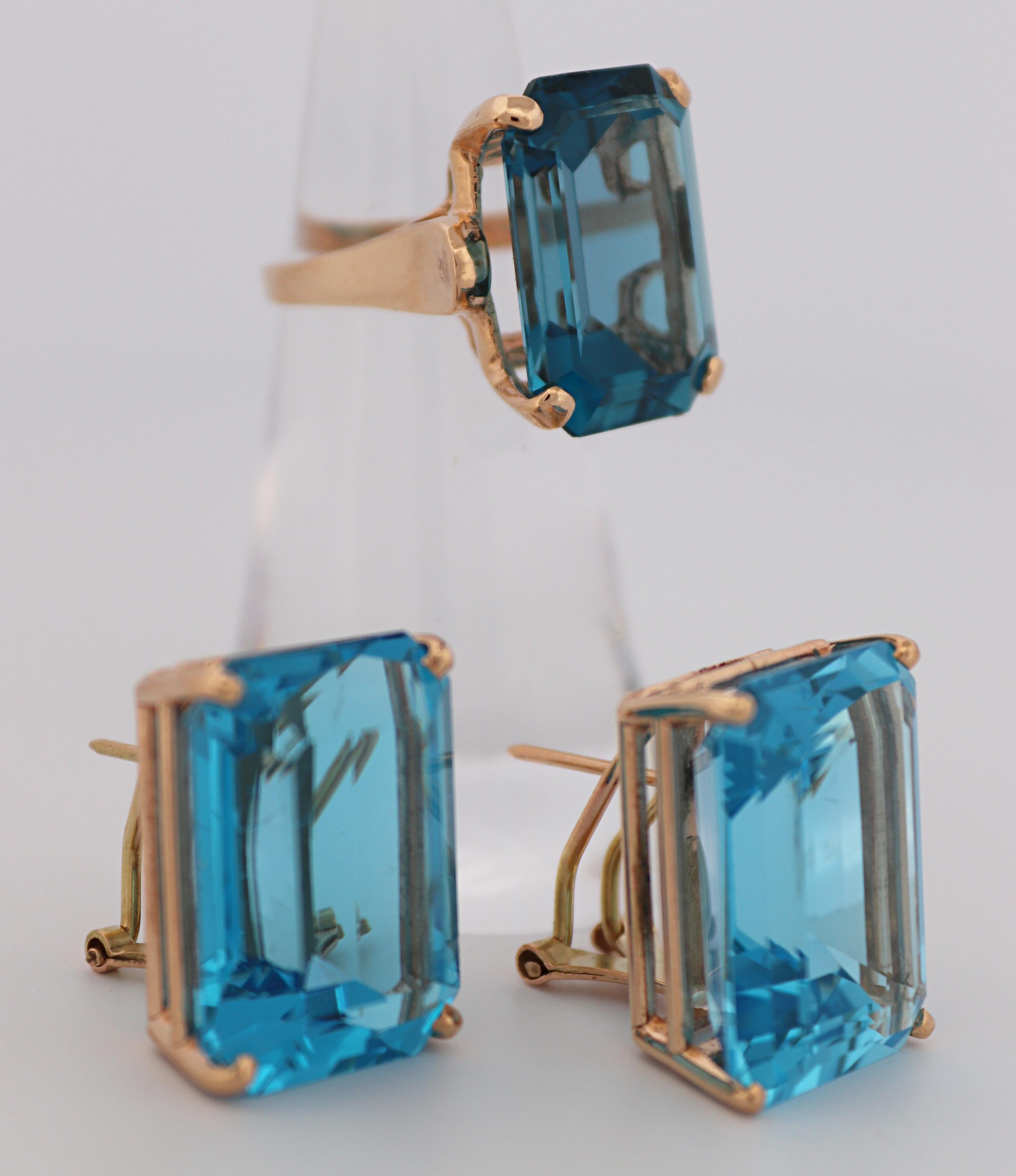 Blue Topaz, 14K Yellow Gold Ring and Earrings Suite For Sale 10