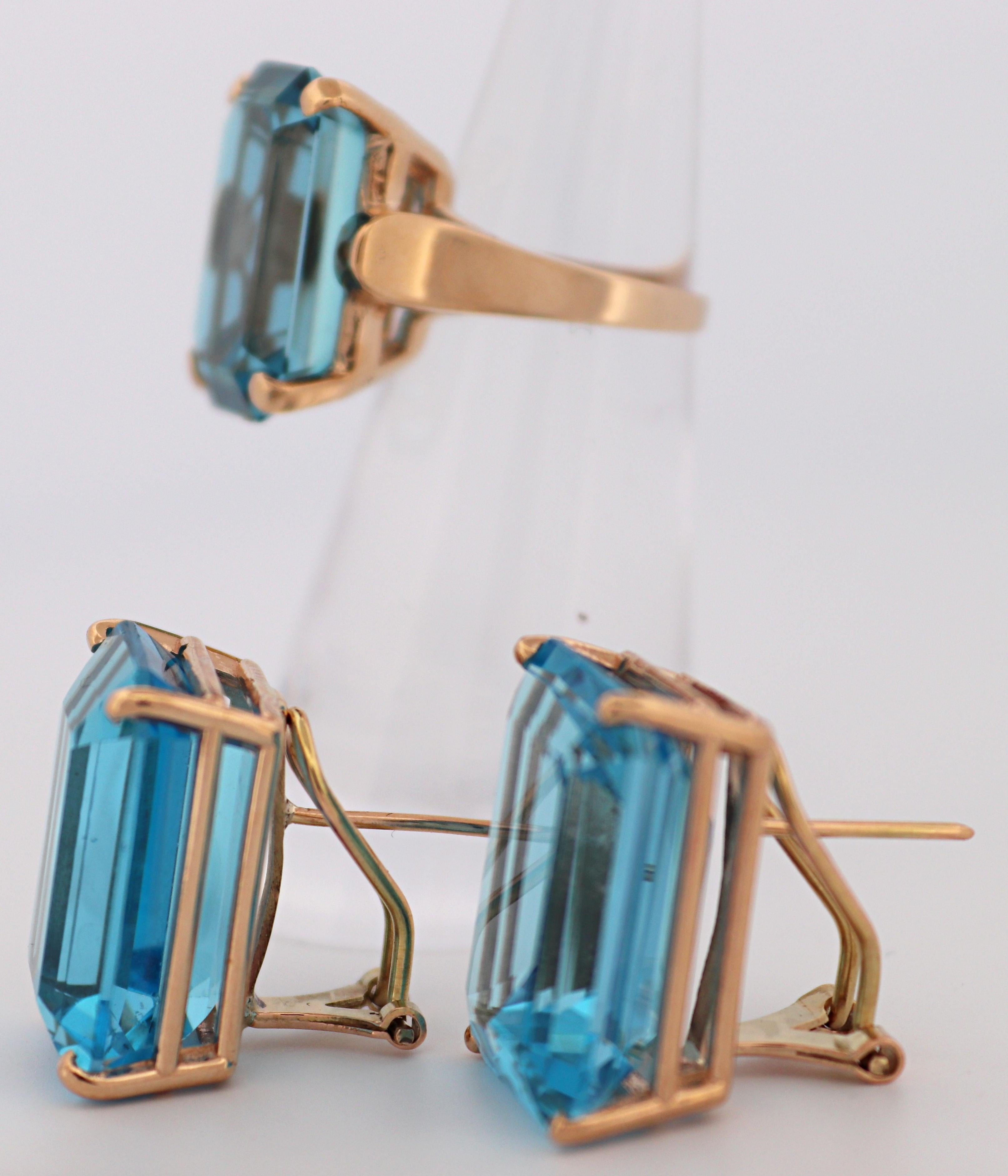 Blue Topaz, 14K Yellow Gold Ring and Earrings Suite For Sale 11