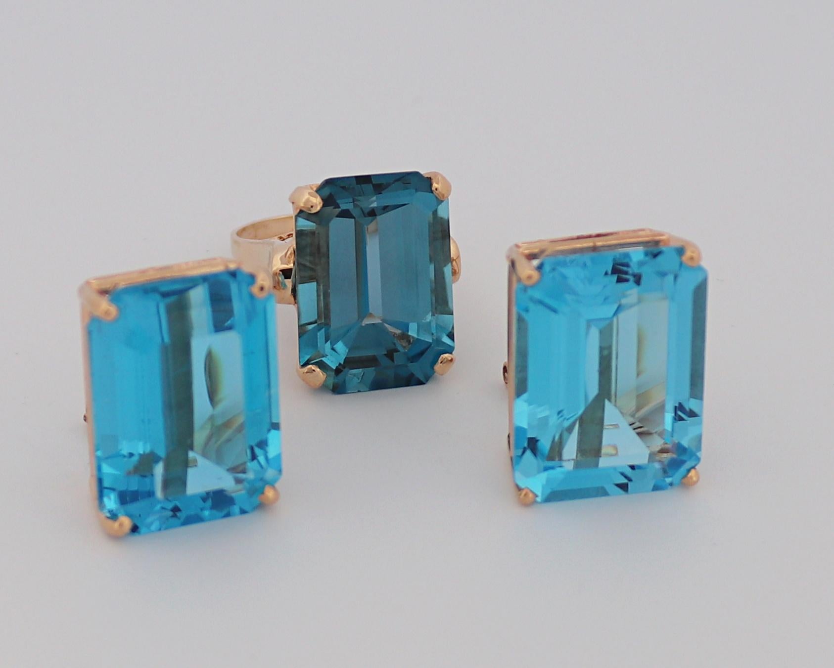 Blue Topaz, 14K Yellow Gold Ring and Earrings Suite For Sale 12