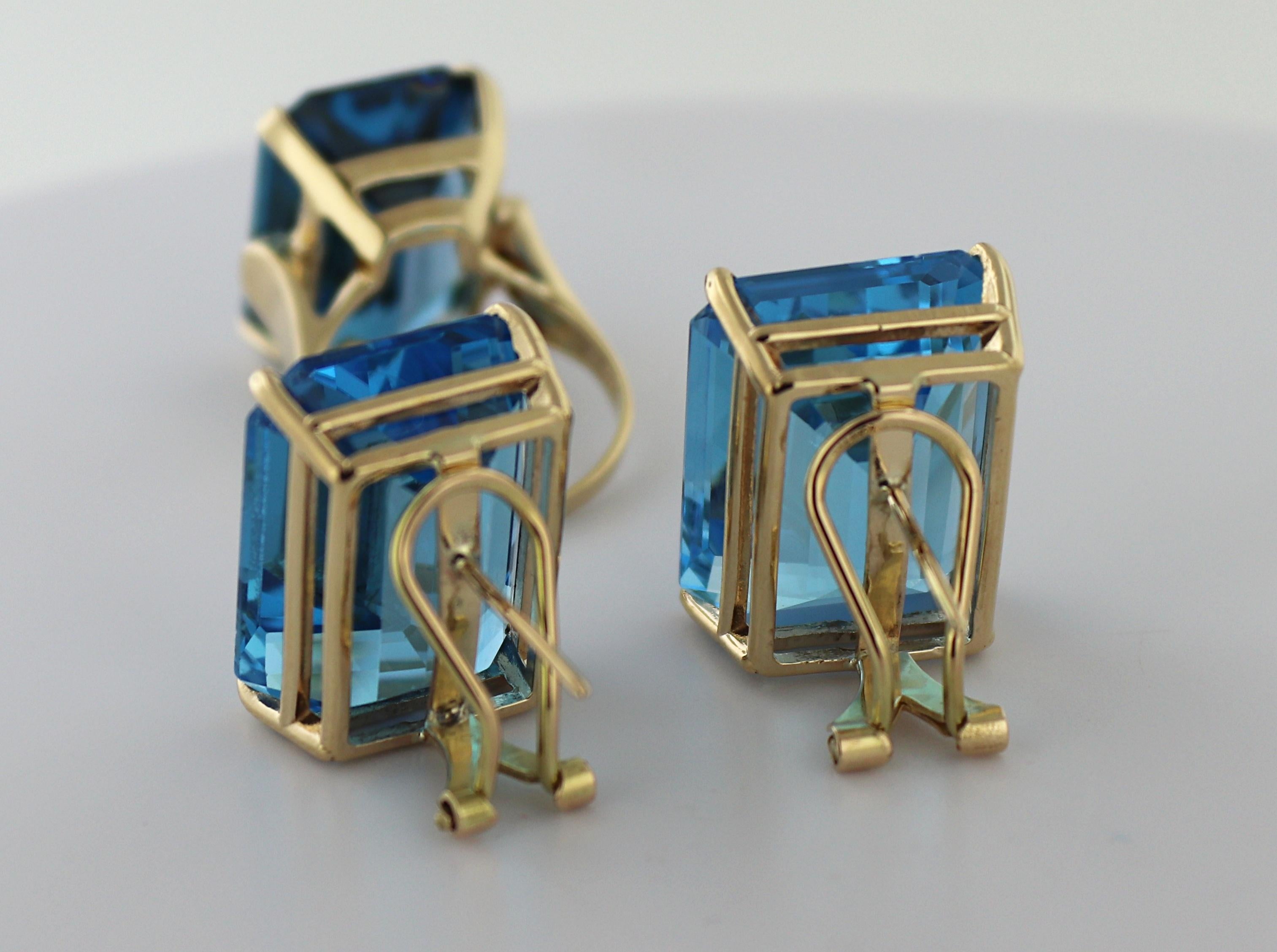 Emerald Cut Blue Topaz, 14K Yellow Gold Ring and Earrings Suite For Sale