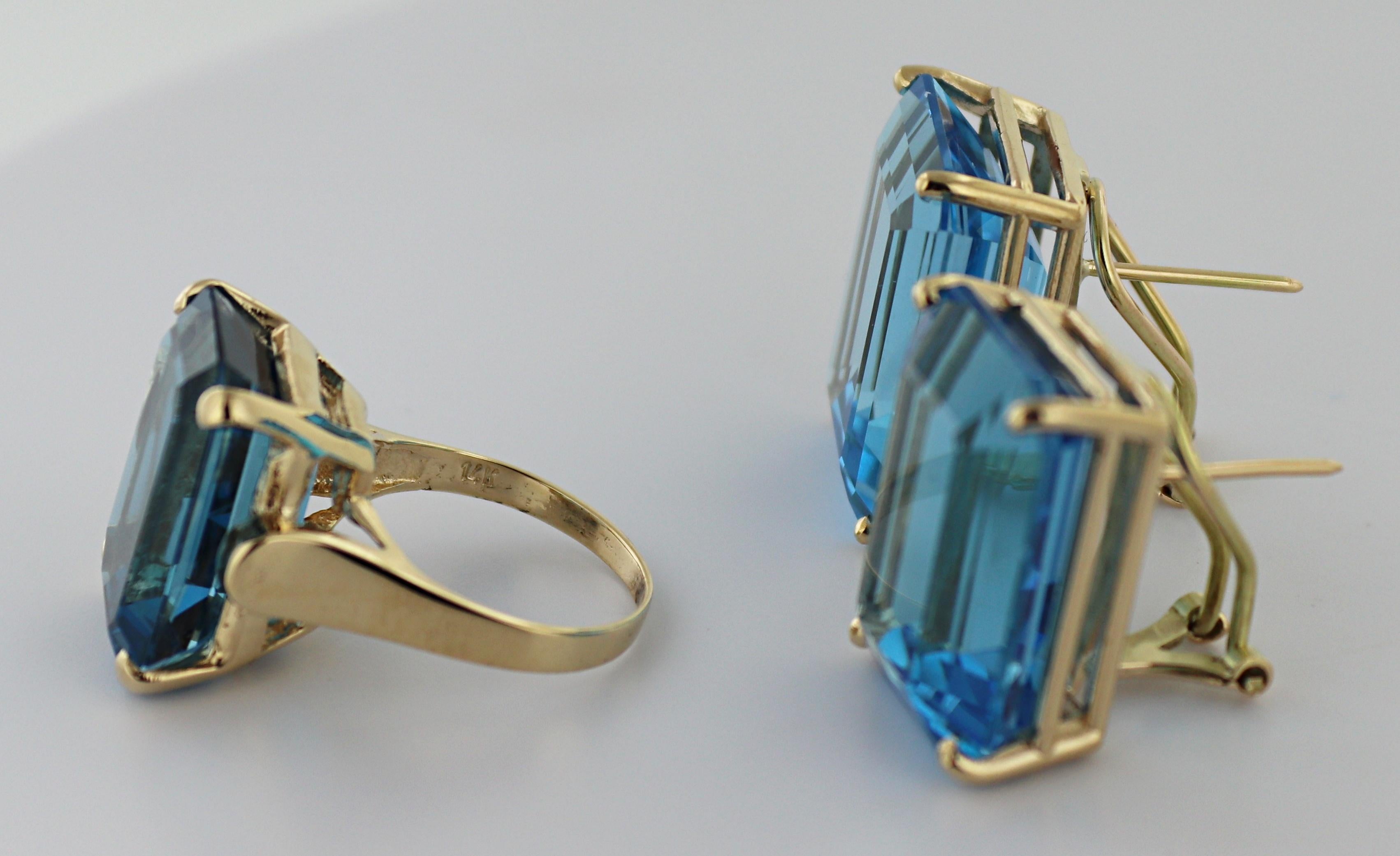 Blue Topaz, 14K Yellow Gold Ring and Earrings Suite In Good Condition For Sale In Pleasant Hill, CA