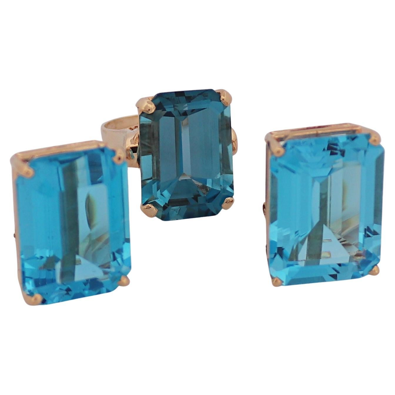 Blue Topaz, 14K Yellow Gold Ring and Earrings Suite For Sale