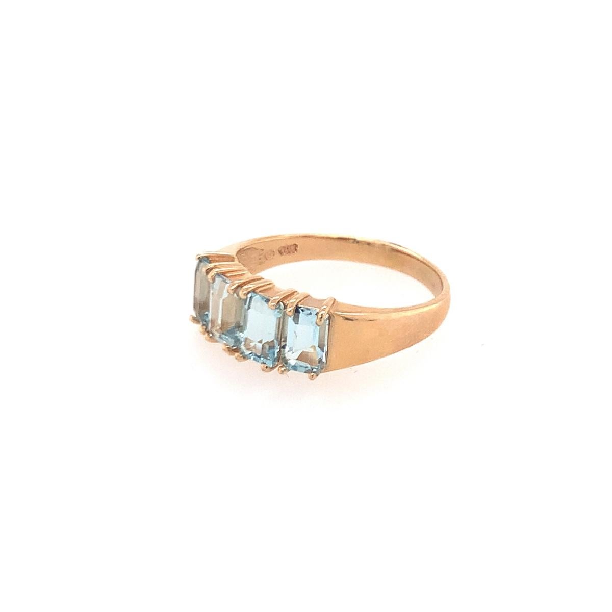 One blue topaz 14K yellow gold ring featuring four emerald cut, sky blue topaz weighing approximately 2.25 ct. in total.

Bright, airy, designer.

Additional information:
Metal: 14K yellow gold
Gemstone: Blue Topaz totaling 2.25 ct.
Circa: