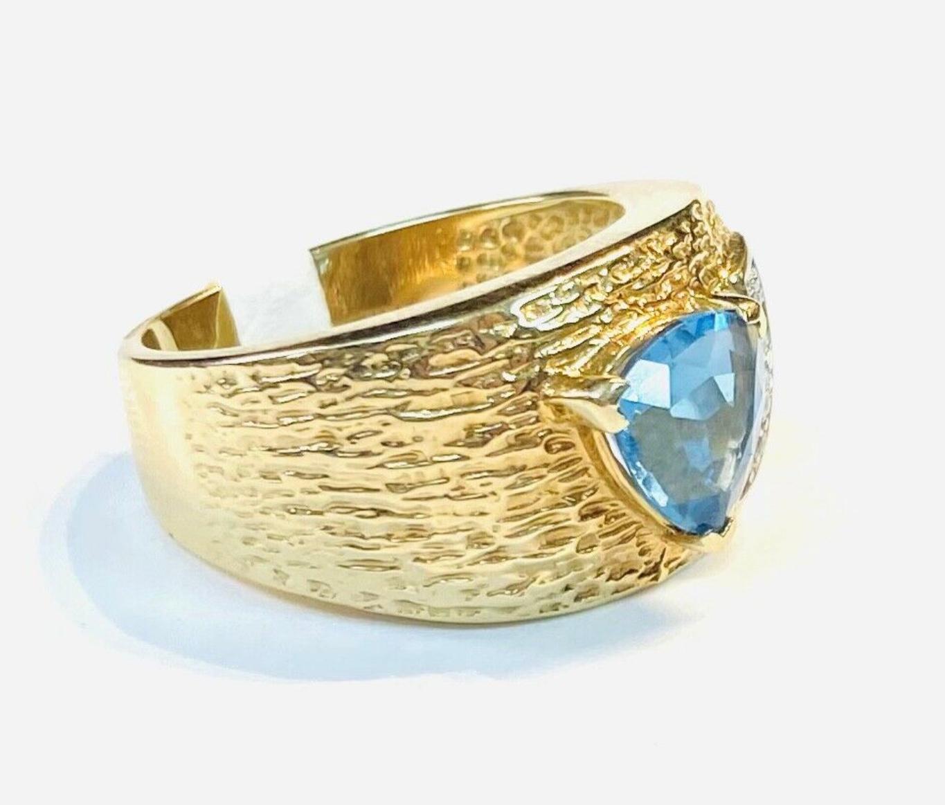 Modernist Blue Topaz 14K Yellow Gold 'Wide Band' and Diamond Ring