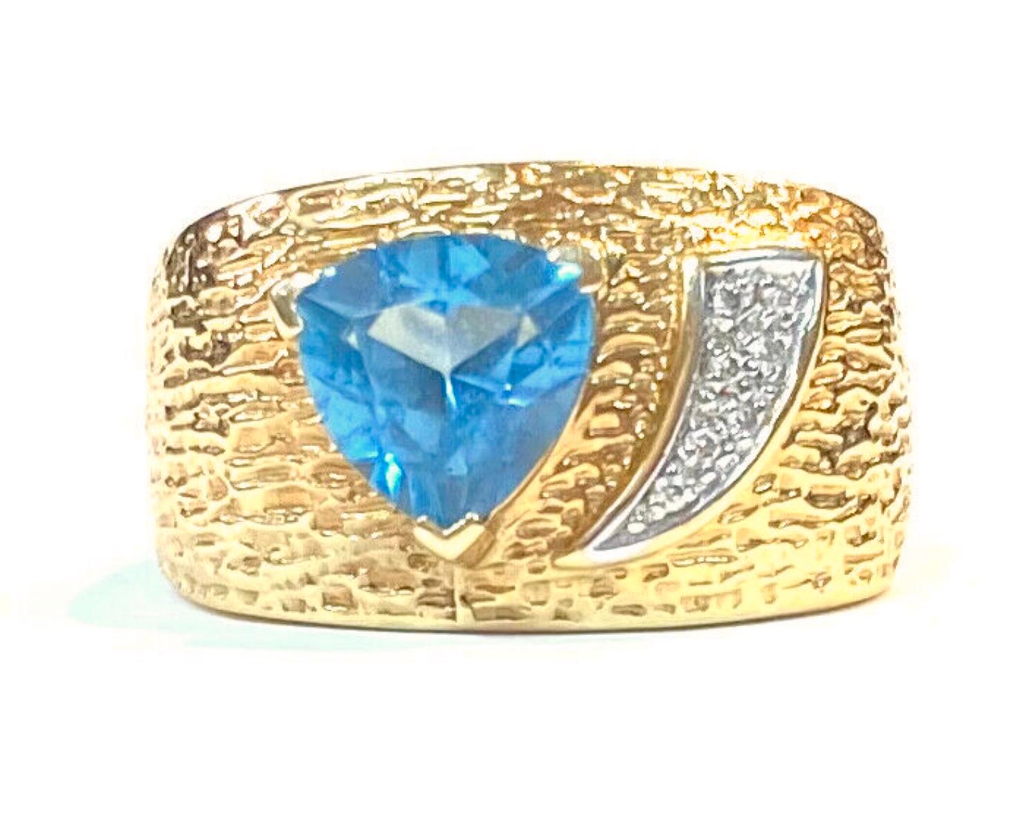 Women's or Men's Blue Topaz 14K Yellow Gold 'Wide Band' and Diamond Ring