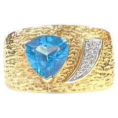 Vintage Blue Topaz 14K Yellow Gold 'Wide Band' and Diamond Ring