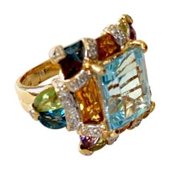 Vintage Blue Topaz 18k Gold Ring with Citrine, Garnet, Peridot, Amethyst, & Diamond Ring