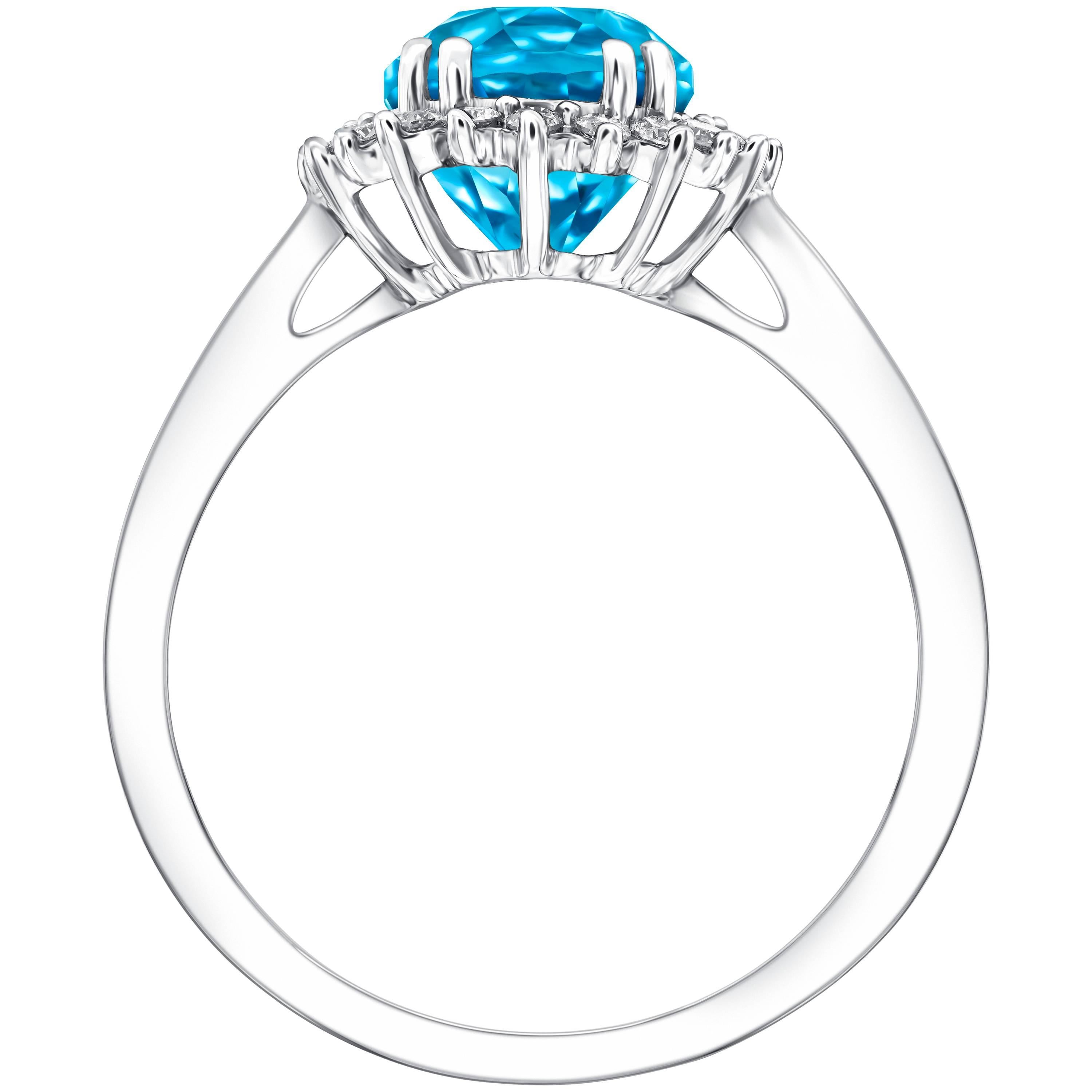 Modern Blue Topaz 2.20 Carat Oval 0.20 Carat Round Diamond Platinum Halo Ring For Sale
