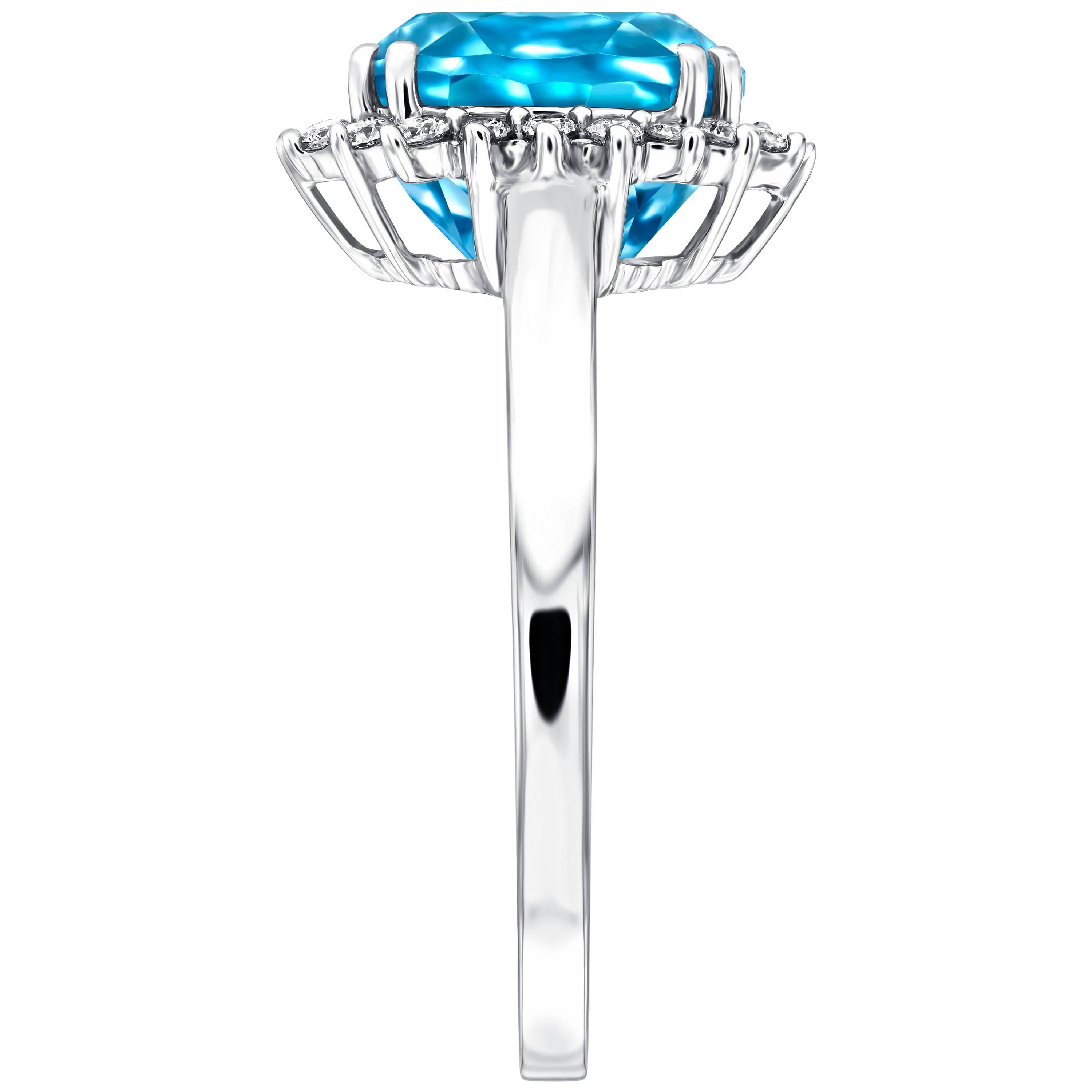Oval Cut Blue Topaz 2.20 Carat Oval 0.20 Carat Round Diamond Platinum Halo Ring For Sale