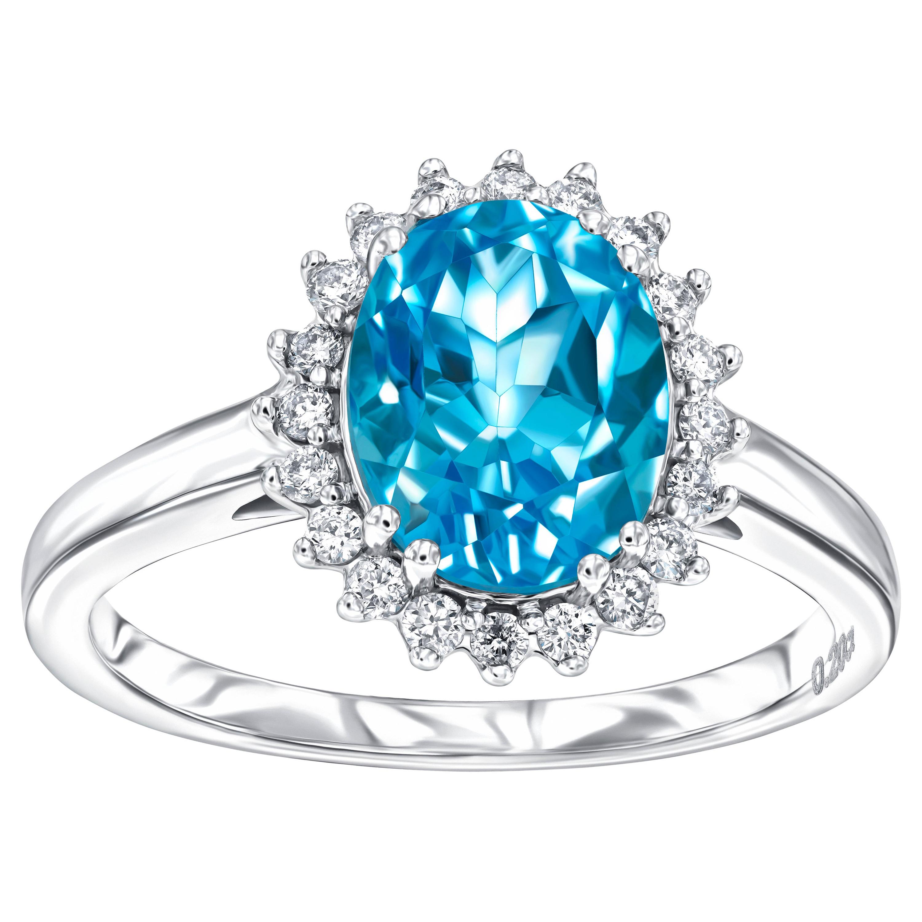 Blue Topaz 2.20 Carat Oval 0.20 Carat Round Diamond Platinum Halo Ring For Sale