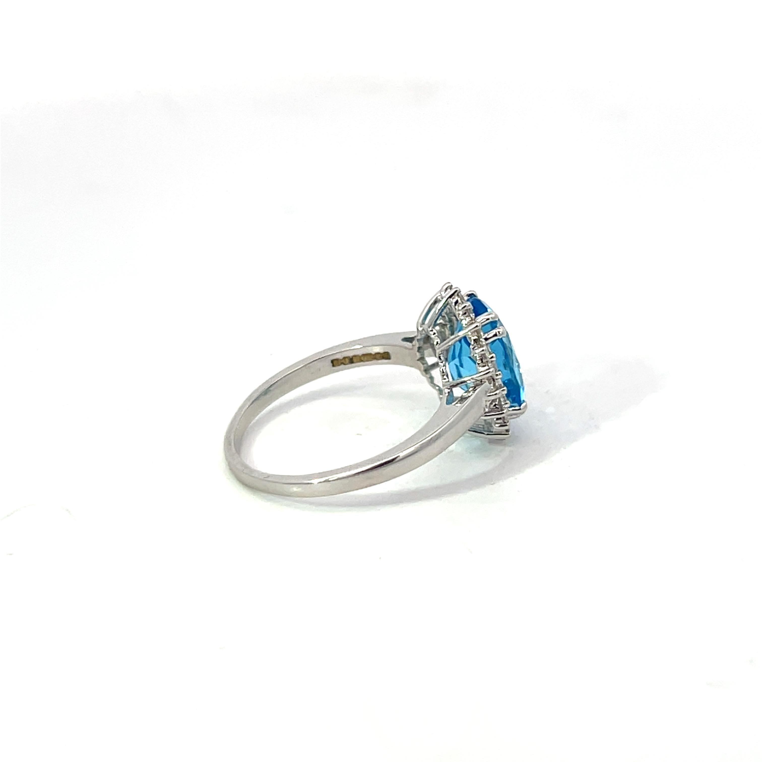 Blue Topaz 3.13 Carat Oval 0.24 Carat Round Diamond 18 KT White Gold Halo Ring For Sale 7