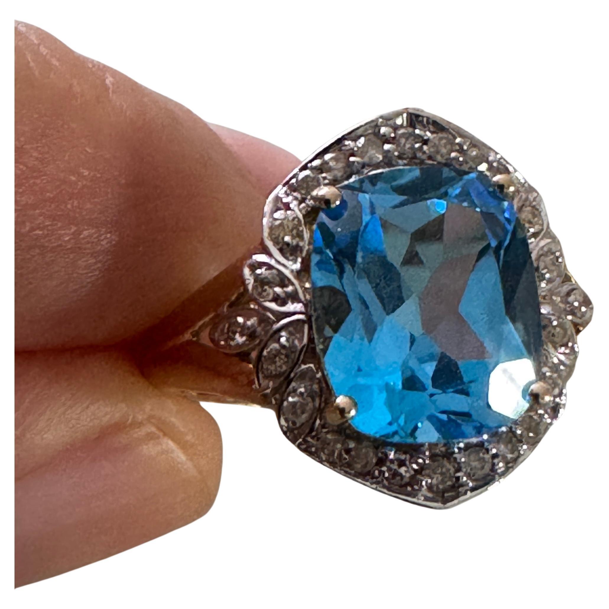 Oval Cut Blue Topaz 4.37ct Diamond 14K Gold Cocktail Ring For Sale