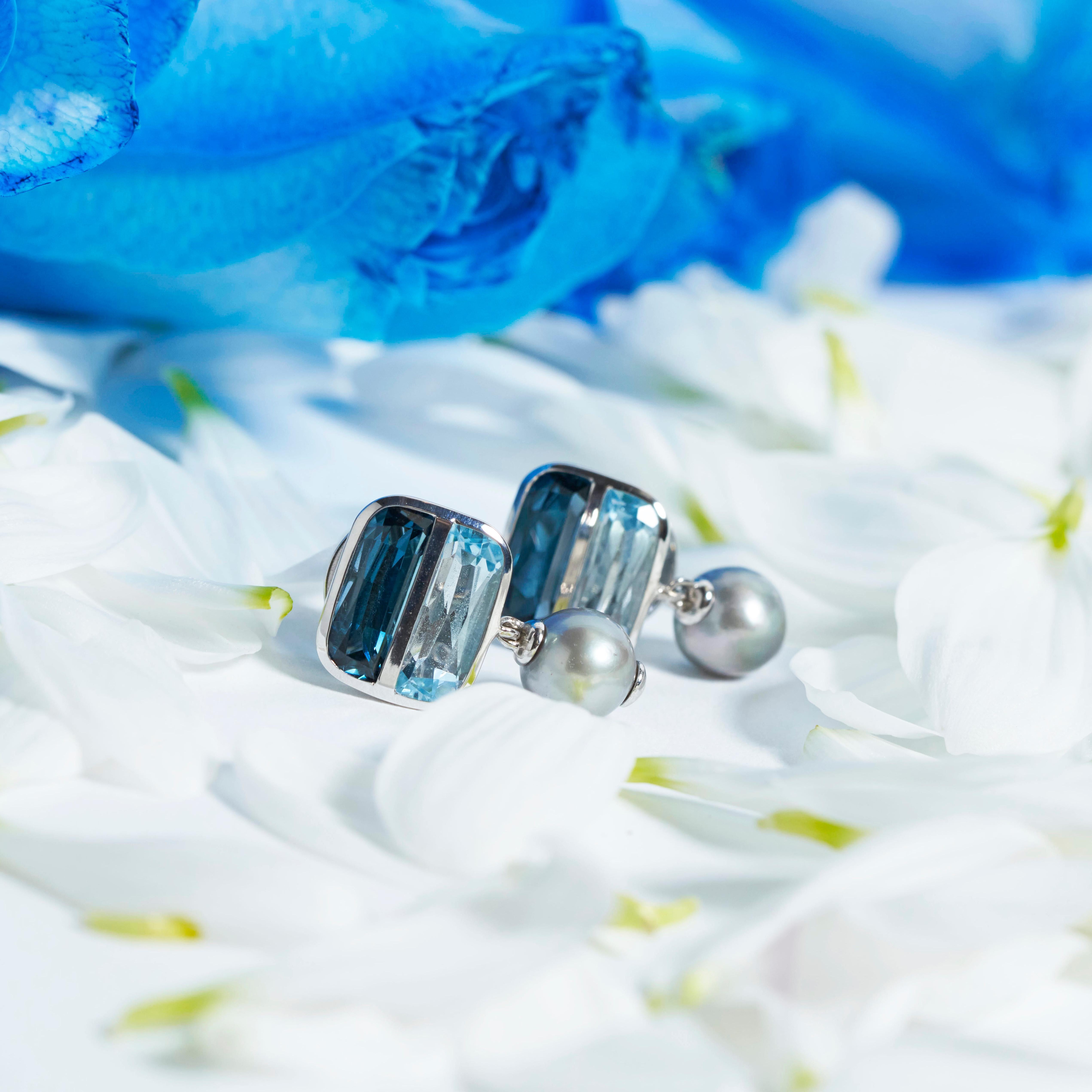Modern Priyashi Nahata Blue Topaz 8R Drops Earring in 18 Karat White Gold For Sale