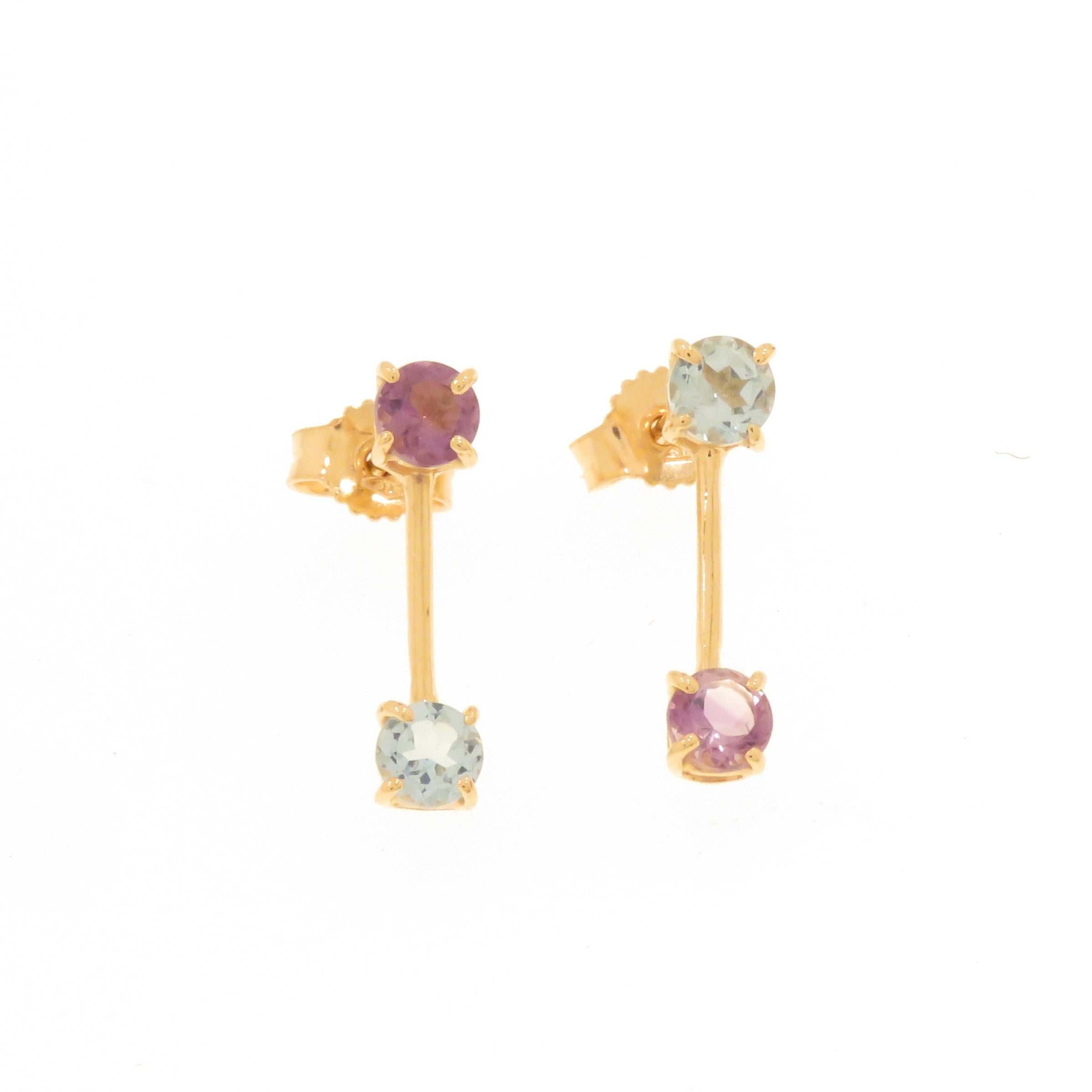 Contemporary Blue Topaz Amethyst 9 Karat Rose Gold Earrings Handcrafted in Italy For Sale