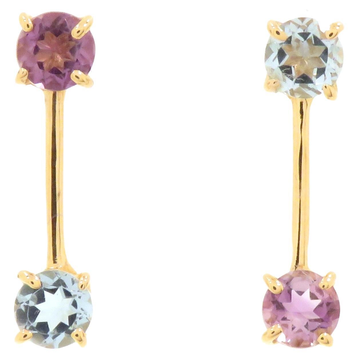 Boucles d'oreilles en or rose 9 carats Topaze bleue Améthyste Fabriquées à la main en Italie