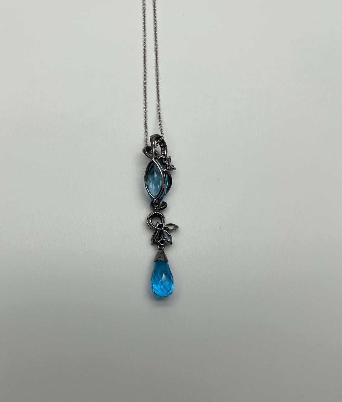 Collar Colgante Oro Blanco Negro Topacio Azul Amatista Briolette Floral Diamante Corte Briolette en venta