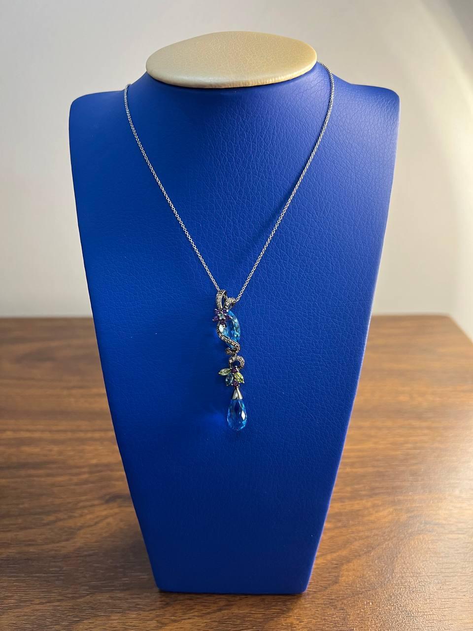 Collar Colgante Oro Blanco Negro Topacio Azul Amatista Briolette Floral Diamante en venta 1