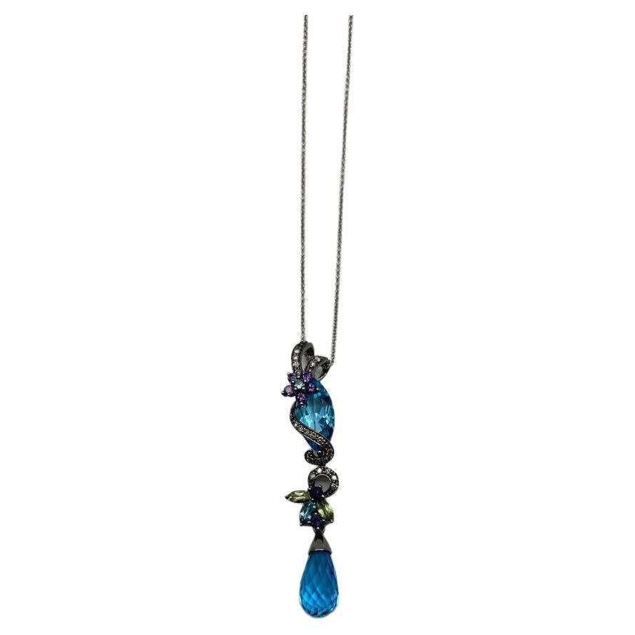 Collar Colgante Oro Blanco Negro Topacio Azul Amatista Briolette Floral Diamante en venta