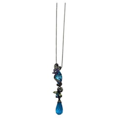 Blue Topaz Amethyst Briolette Floral Diamond Black White Gold Pendant Necklace