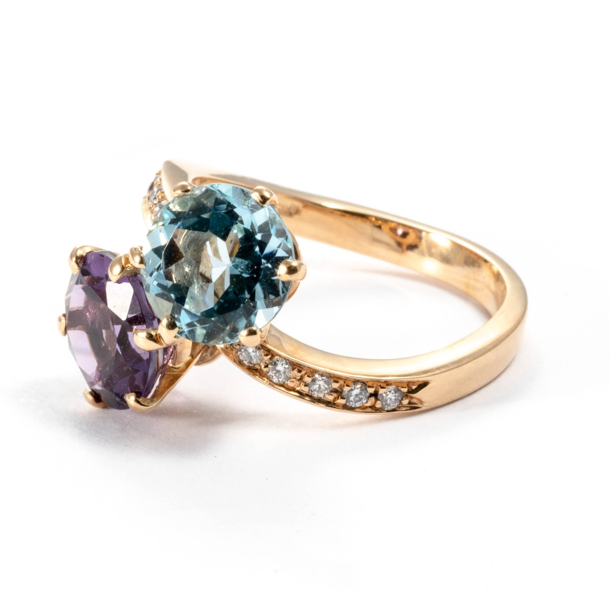Blue Topaz Amethyst Diamond 21K Yellow Gold Contrarié Ring Band For Sale 6