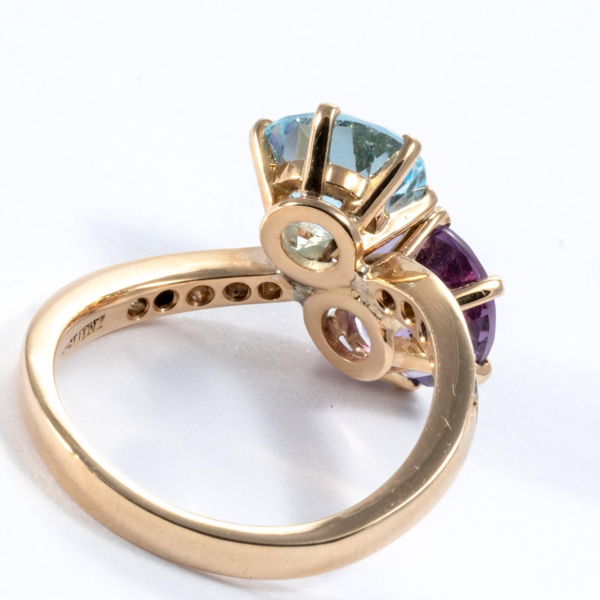 Blue Topaz Amethyst Diamond 21K Yellow Gold Contrarié Ring Band For Sale 7