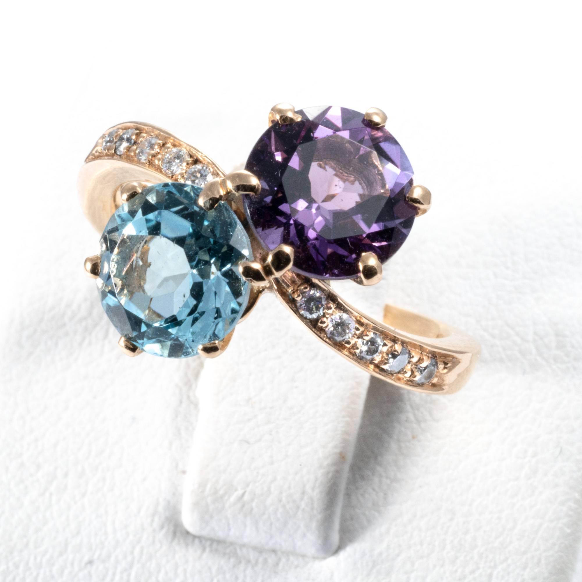 Blue Topaz Amethyst Diamond 21K Yellow Gold Contrarié Ring Band For Sale 9