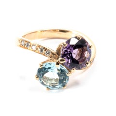 Blue Topaz Amethyst Diamond 21K Yellow Gold Contrarié Ring Band