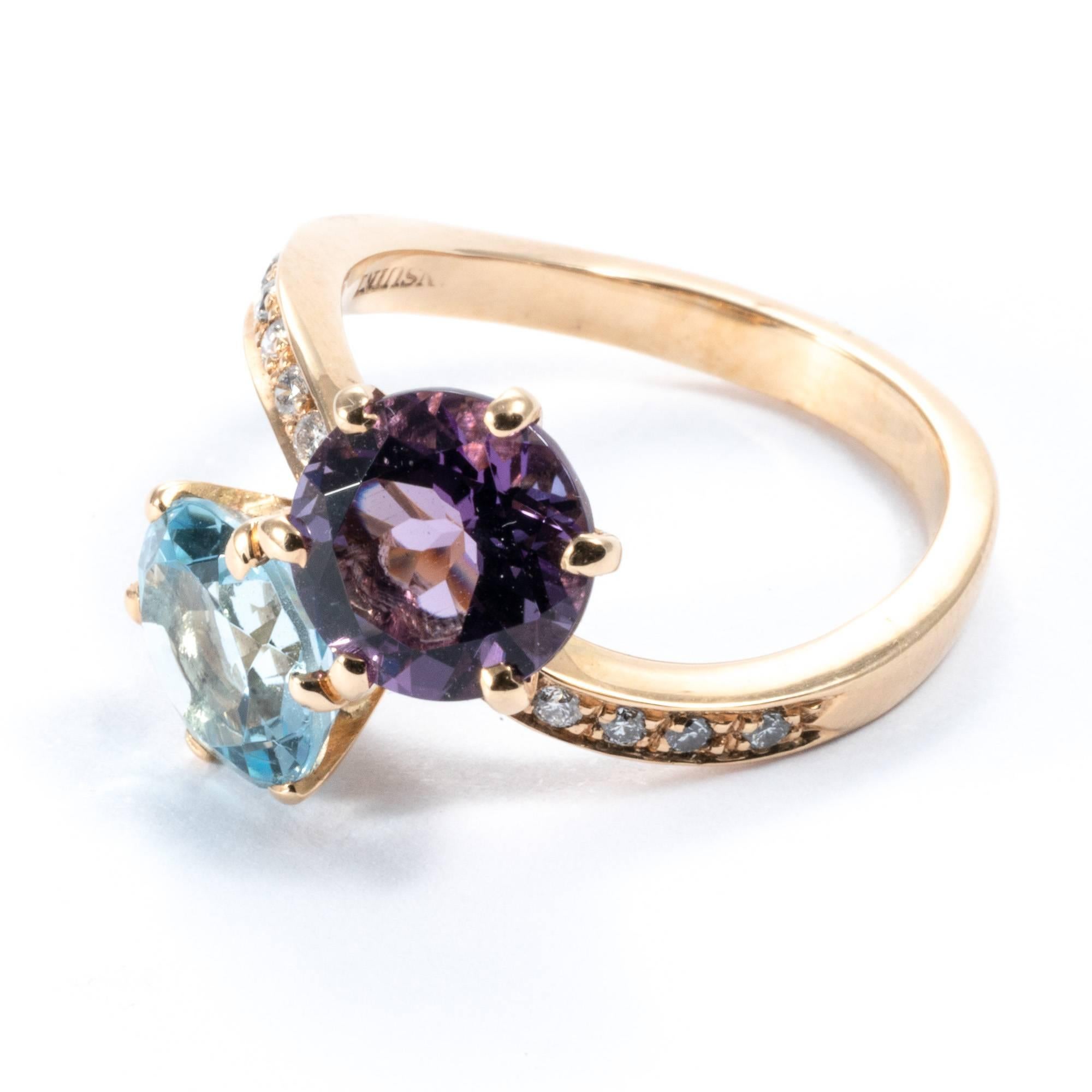 Women's or Men's Blue Topaz Amethyst Diamond 21K Yellow Gold Contrarié Ring Band For Sale