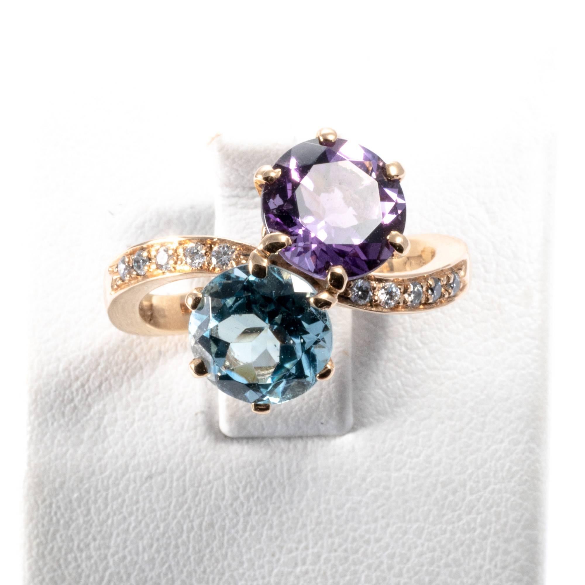 Blue Topaz Amethyst Diamond 21K Yellow Gold Contrarié Ring Band For Sale 1