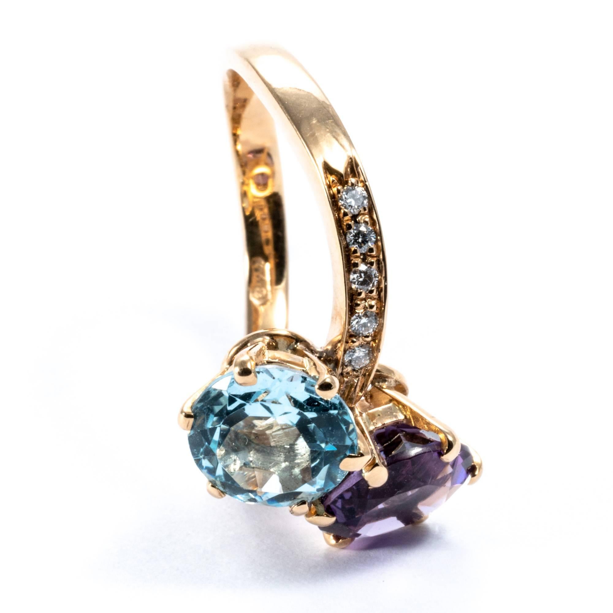 Blue Topaz Amethyst Diamond 21K Yellow Gold Contrarié Ring Band For Sale 4