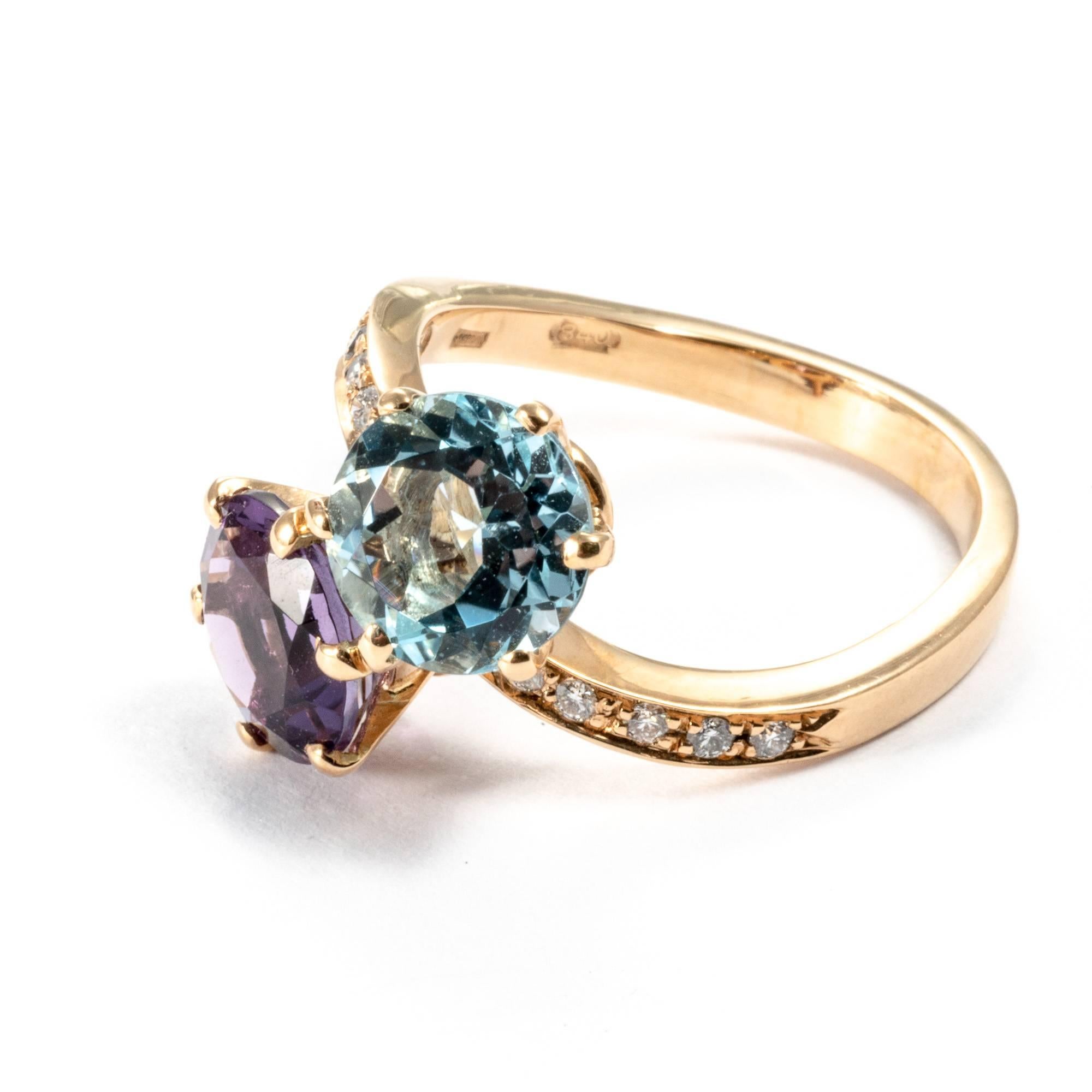 Blue Topaz Amethyst Diamond 21K Yellow Gold Contrarié Ring Band For Sale 5