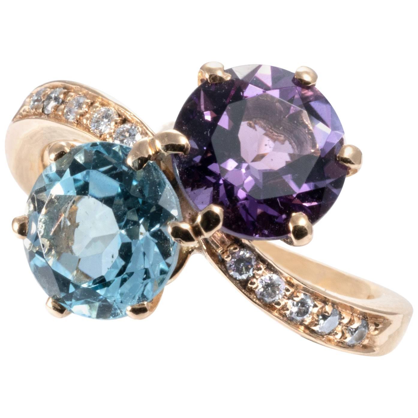 Blue Topaz Amethyst Diamond 21K Yellow Gold Contrarié Ring Band For Sale