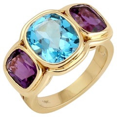 Blue Topaz & Amethyst Gemstone Cocktail Ring Made In 18k Yellow Gold