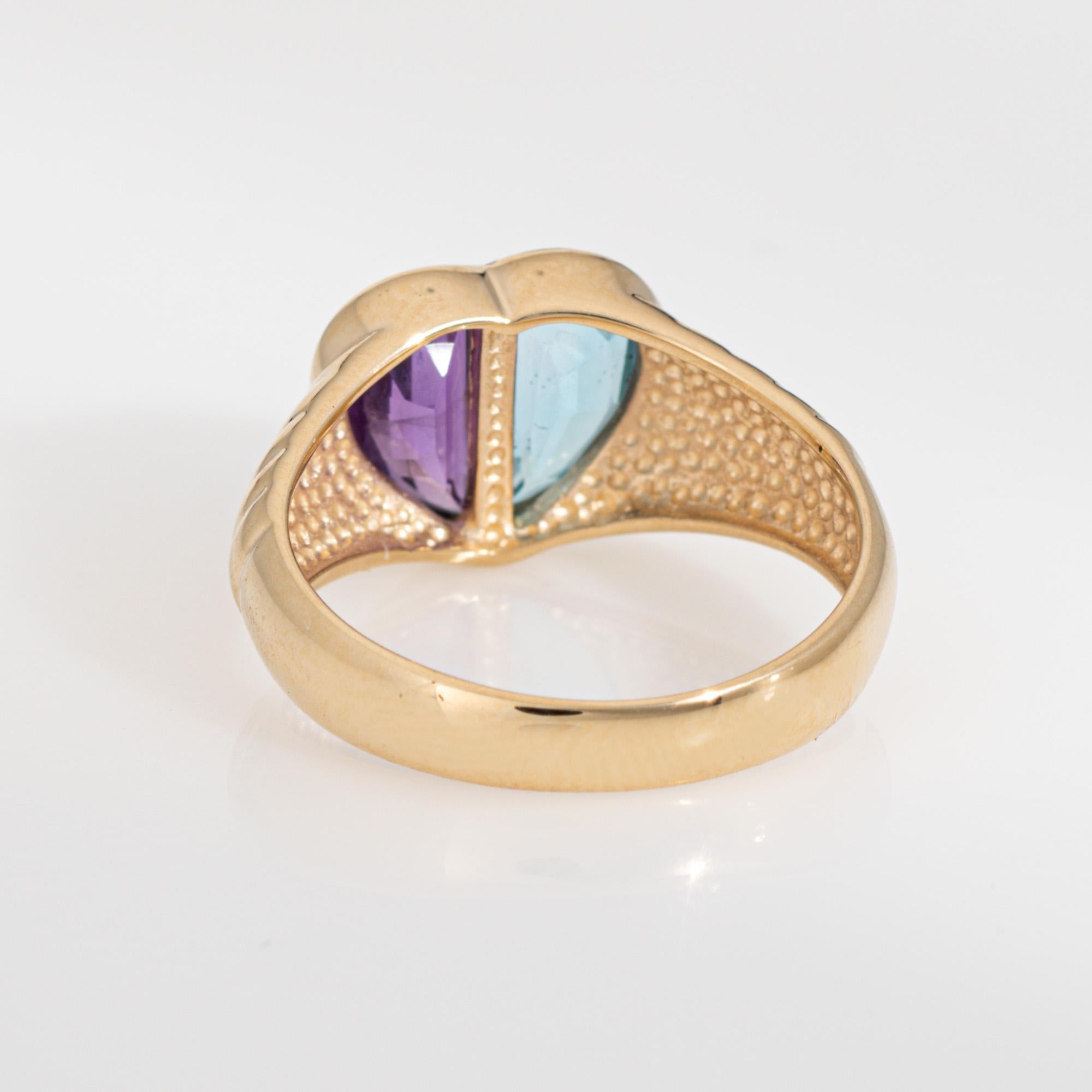 Blue Topaz Amethyst Heart Ring Sz 6.5 Vintage 14k Yellow Gold Fine Jewelry In Good Condition In Torrance, CA
