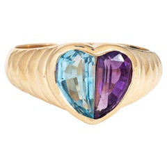 Blue Topaz Amethyst Heart Ring Sz 6.5 Vintage 14k Yellow Gold Fine Jewelry